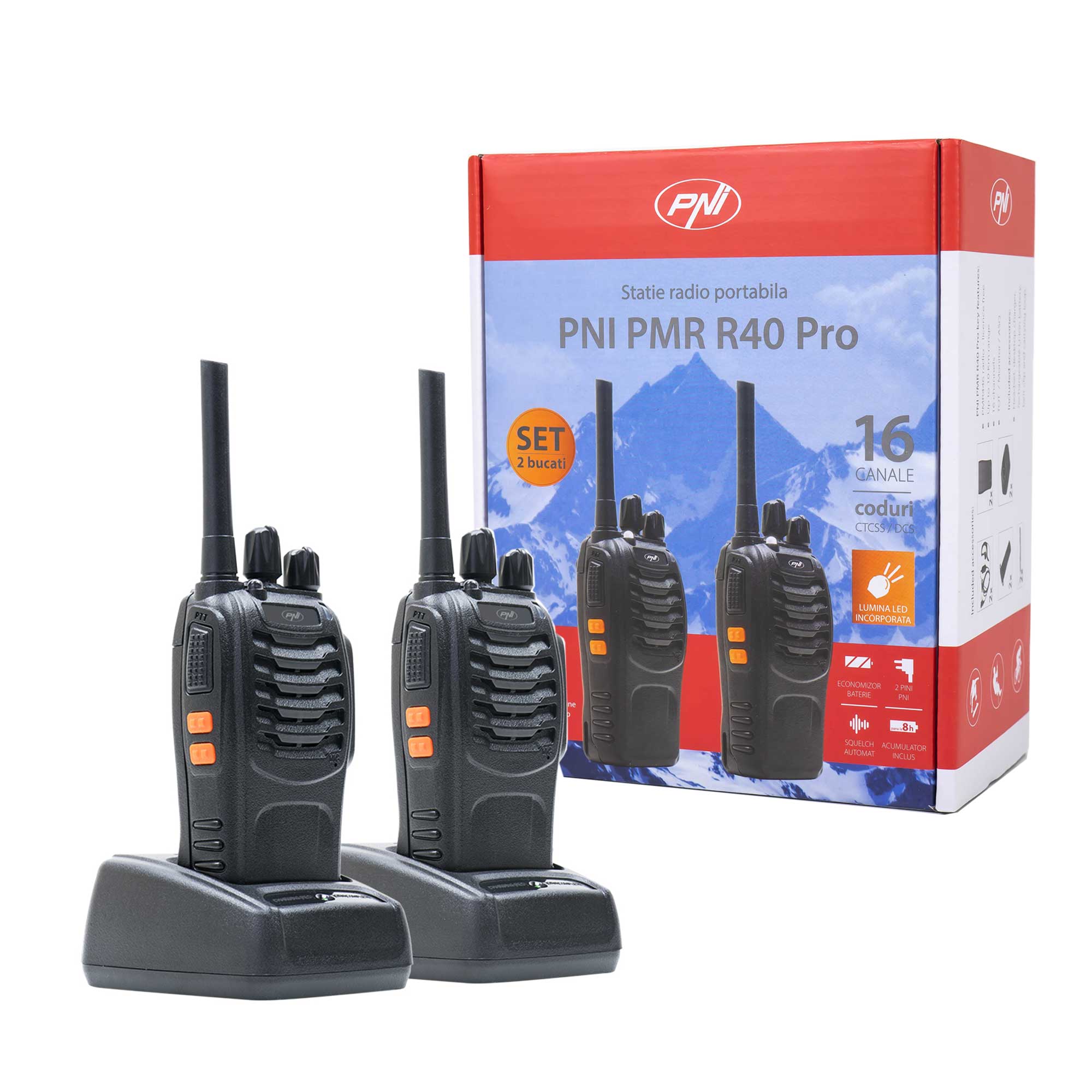 PNI-PMR-R40_1 PNI PMR R40 Pro portable radio station, set with 2 pcs, 0.5W, ASQ, TOT, monitor, programmable, 1200mAh batteries, chargers and headphones included