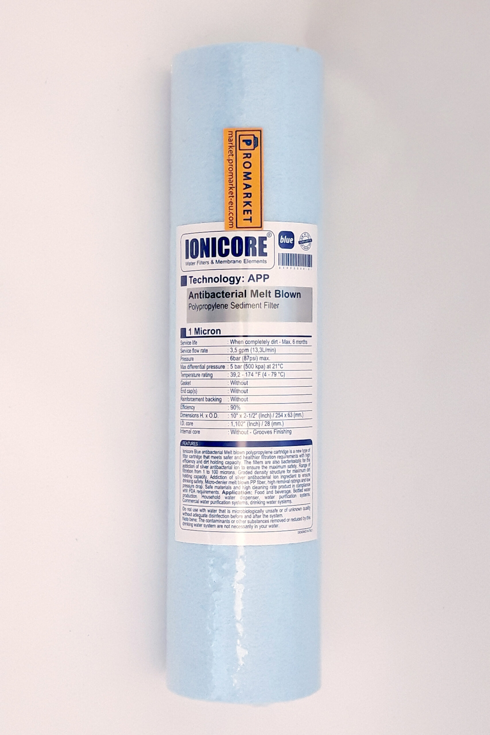 20210601-IONICORE_blue_2x3_2024 Ionicore Blue antibacterial Melt blown polypropylene cartridge 10" - 1 micron