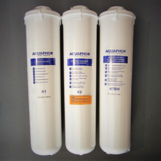 The replacement set for Aquaphor RO-101s-EU includes three cartridges K1 K2 K7BM
